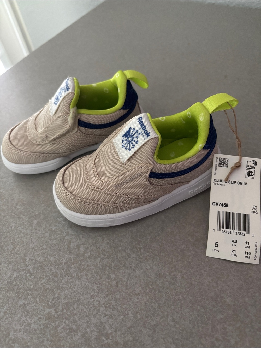 Reebok Baby/Toddler Slip-On Sneakers in Beige with Neon Green Accents-Brand New!